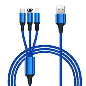 Fábrica al por mayor 3 en 1 Cable de carga Cable DE DATOS Micro USB Tipo-c 8pin Carga rápida Tres en uno Cable DE DATOS trenzado de nailon