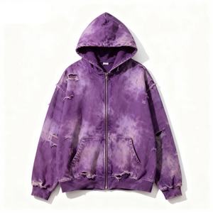 Sweat à capuche zippé tie-dye délavé noir pour homme, vêtement d'extérieur décontracté vintage pour le quotidien et les événements mode - Product Image 4