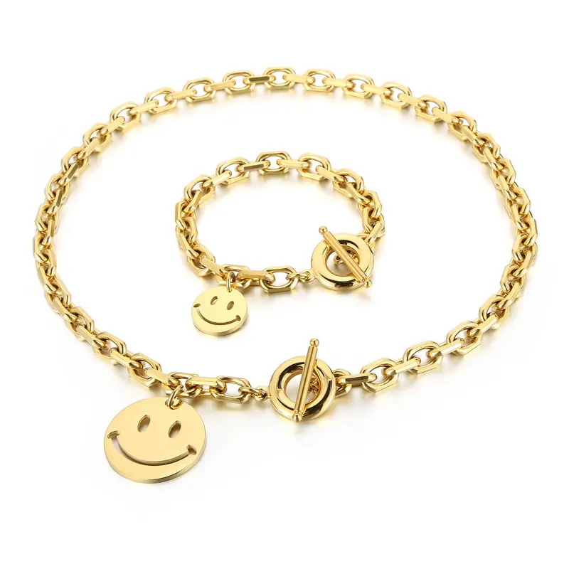 Kalen Charms Smile Face Link Chian Display Stainless Steel Jewelry Sets 18K Gold Plated Women Jewellery Set