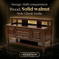Console multimédia traditionnelle en bois massif, meuble TV en noyer brillant avec portes vitrées et tiroirs pour salon, hôtel