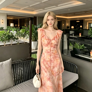 Abito da donna europeo e americano di tendenza 2026, nuovo stile INS, abito francese a vita alta lunghezza tè, rosa con volant floreali - Product Image 2