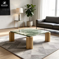 Table basse de luxe carrée en marbre vert naturel avec base en bois massif, table d'appoint moderne pour salon, mobilier de maison
