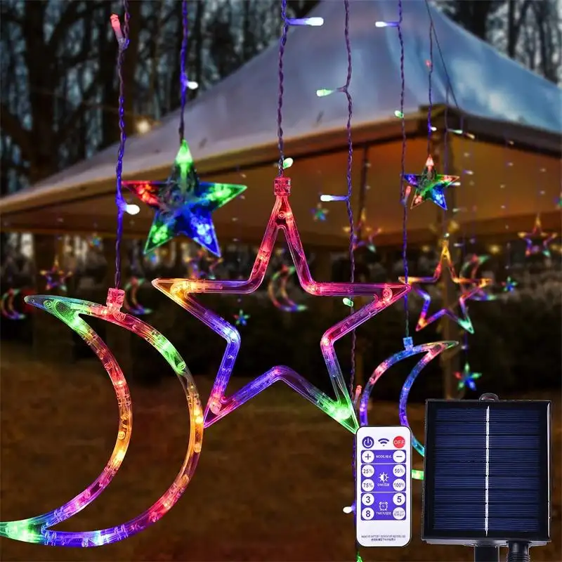 スタームーンソーラーストリングライト124 LEDクリスマスカーテンライト屋外屋内用防水ソーラーパワートゥインクルフェアリーライト