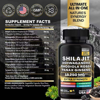 Exportation transfrontalière, vente chaude : Capsules de Shilajit Complexe 8 en 1, 15250 mg Force Maximale, 60 Comprimés, Complément Alimentaire pour Adultes