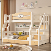 Lit superposé double en bois massif pour chambre d'enfant avec escalier et rangement