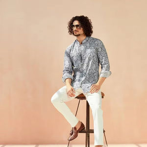 Vintage XL Python <b>Camouflage</b> Print Cotton <b>Shirt</b> with Embroidered Knitted Fabric for Spring Vacations - Product Image 1