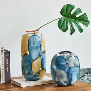 Bixuan Contemporary Soda-lime Abstract Blue Gray Warm Yellow <strong>Pebble</strong> Design Handblown <strong>Glass</strong> <strong>Vase</strong> <strong>for</strong> Table Decorative Floral - Product Image 2
