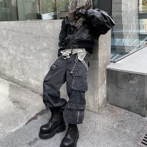 Pantalones vaqueros rectos holgados Unisex American Retro Street Multi-Pocket Bomber <span class=keywords><strong>Cargo</strong></span> Pants Casual Denim Fabric Washed para otoño - Product Image 2