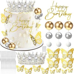 Kit de décoration de gâteau Couronne de Cristal, Diadème en Strass, Boule de Bougie Ondulée Dorée Papillon Filigrane, Joyeux Anniversaire, Fournitures de Fête Princesse - Product Image 3
