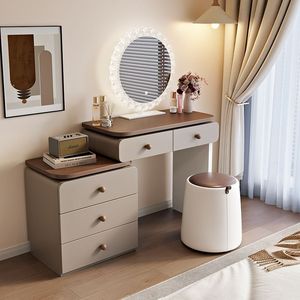 <span class=keywords><strong>Coiffeuse</strong></span> individuelle autoportante avec miroir LED rond éclairé Cream Wind, tabouret de rangement intégré, <span class=keywords><strong>en</strong></span> bois de mahogany massif, mobilier de chambre - Product Image 1