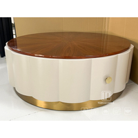 Table basse ronde de luxe avec plateau en placage de bois, armoire de rangement blanche, base dorée, table centrale moderne pour salon, meubles de maison