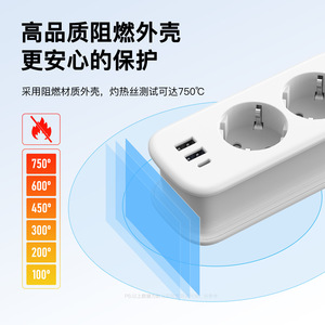 Eu <b>Plug</b> Power Strip 2 Outlets 1 <b>USB</b> <b>C</b> 2 <b>USB</b> A Fire-Resistant Shell Safety Design Desktop Use - Product Image 3