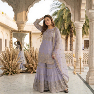 Conjunto de traje Sharara de 3 piezas de georgette sintético pesado de diseñador para mujer – Bordado de lentejuelas con latkan elegante y dupatta de red suave |   Festival - Product Image 1