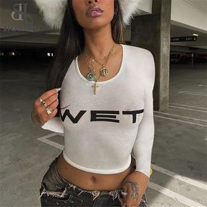 Camiseta de Manga Larga para Mujer, Estampado de Letras Húmedas, Cuello Redondo Transparente Blanco, Top Corto Delgado para <span class=keywords><strong>Chicas</strong></span> Atractivas - Product Image 1