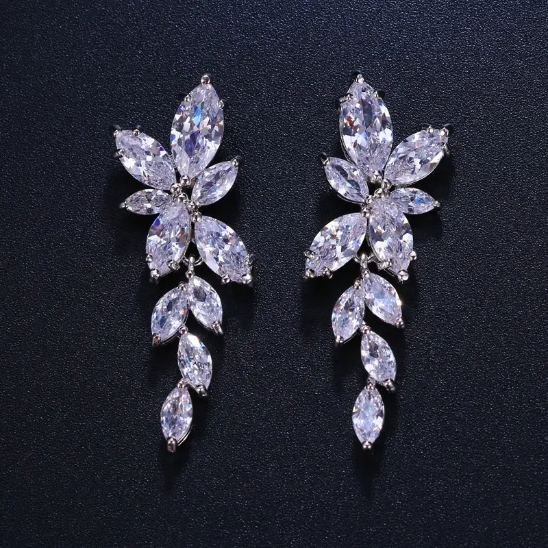Good Quality Statement Cubic Zirconia Olive Leaves Bling Crystal Drop Wedding Earrings Trendy 2021 Jewelry
