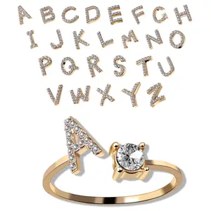 Fashion jewelry Romantic Creative Rhinestone brass ring Gold plated 26 Initials Letter Finger Open Rings For Women