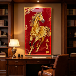 Arte Mural Chino Personalizado al por Mayor, Caballo Dorado de la Suerte, Pintura en Porcelana con Cristal, LED, Decoración de Pared Vertical Roja para el Éxito - Product Image 3