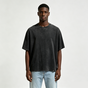 Camiseta de <span class=keywords><strong>hombre</strong></span> de algodón con efecto lavado a la piedra, desgastada, desgarrada, de corte holgado y corto, oversize, lisa, estilo vintage streetwear, de manga corta - Product Image 4