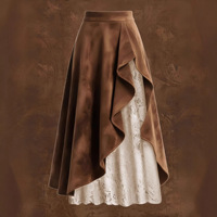 Jupe midi en daim pour femme, patchwork de dentelle, style vintage asymétrique, coupe trapèze, style western pour l'Europe et l'Amérique