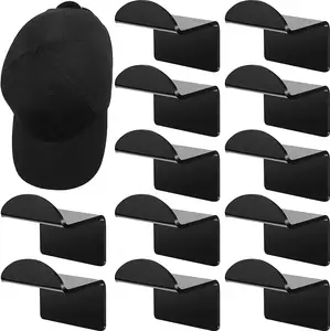 12 Pieces Adhesive Hat Rack for Wall Black Acrylic Baseball Hat Holder Organizer Headgear Hook Hat Display Shelf