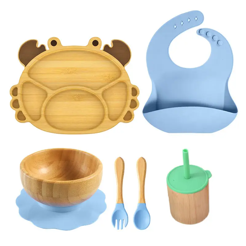 Wholesale Bpa Free Baby Mat Feeder Set Eco Kids Divider Spoon Silicon Dishes Feeding Set For Baby Suction Bowl Bamboo Plate