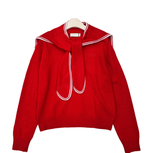 Suéter de punto con cuello marinero para mujer, manga larga, detalle de lazo, jersey informal, ropa de abrigo para otoño e invierno - Product Image 1