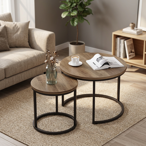 Tables basses gigognes modernes Wabi-Sabi avec plateau en bois extensible et structure en fer pour salon, lot de 2 - Product Image 4