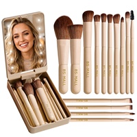 Ensemble de 14 pinceaux de maquillage BS-MALL avec miroir éclairé par LED, boîte de rangement, pinceaux cosmétiques synthétiques vegan pour voyage, logo personnalisé, vente en gros