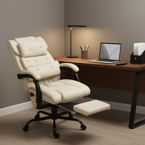 Silla de Oficina Reclinable de Respaldo Alto, Silla Ejecutiva de Cuero PU Beige con Masaje, Reposapiés y Control Remoto - Product Image 2