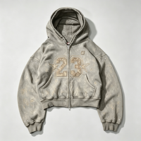 Hoodie Zipper Sun Faded Nomor 23 Star Detail Distressed Heavyweight Short Fit Vintage Wash Streetwear untuk Pria Pembelian Grosir