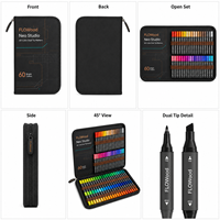 FLOWood Neo Studio – Lot de 60 marqueurs d'art à double pointe (fine et biseautée) avec étui portable à fermeture éclair
