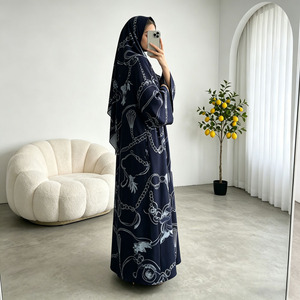 Ensemble Abaya de Luxe à Imprimé Chaîne pour Femme, Robe Musulmane Bleu Marine, Kimono Ouvert avec Hijab, Style Dubaï - Product Image 4