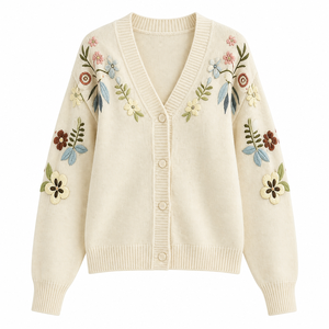 Op maat gemaakte dames <span class=keywords><strong>cardigan</strong></span> met bloemenborduursel, V-hals, knoopsluiting, lange mouwen, winter/herfst, OEM ODM groothandel, private label, bulk - Product Image 1