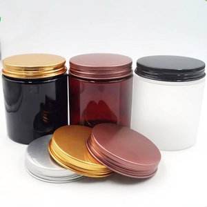 Body Scrub Container Sugar Butter Packaging clear Amber Black Frosted 200 ml <b>Plastic</b> <b>Jar</b> with Silver Gold Bronze Aluminium Lids - Product Image 1