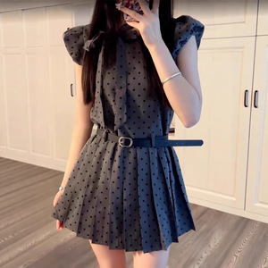 Petite Women Grey Polka Dot Dress Fitted Waist A Line Pleated Skirt Tie Neck Summer Casual Dress Daily Wear - Product Image 3