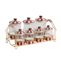 Ensemble de pots à épices en verre rayé rouge et blanc de style nordique de luxe avec support en métal doré, bouteille à épices scellée, pot à condiments pour la cuisine
