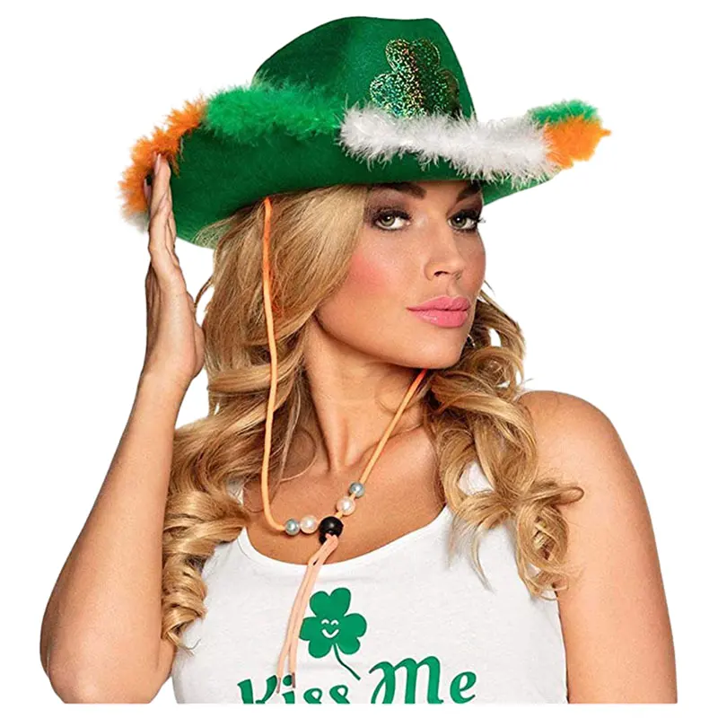 Panas baru Irish St Patrick hari hijau bulu topi koboi Barat pesta rave tanduk semanggi sabuk topi atas