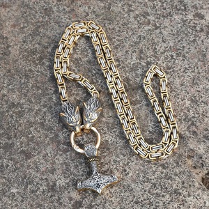 Lujo alta calidad cabeza <span class=keywords><strong>de</strong></span> <span class=keywords><strong>Lobo</strong></span> <span class=keywords><strong>dos</strong></span> tonos emperador collar vikingo oro Thor martillo Acero inoxidable encanto fresco hombres colgante - Product Image 5