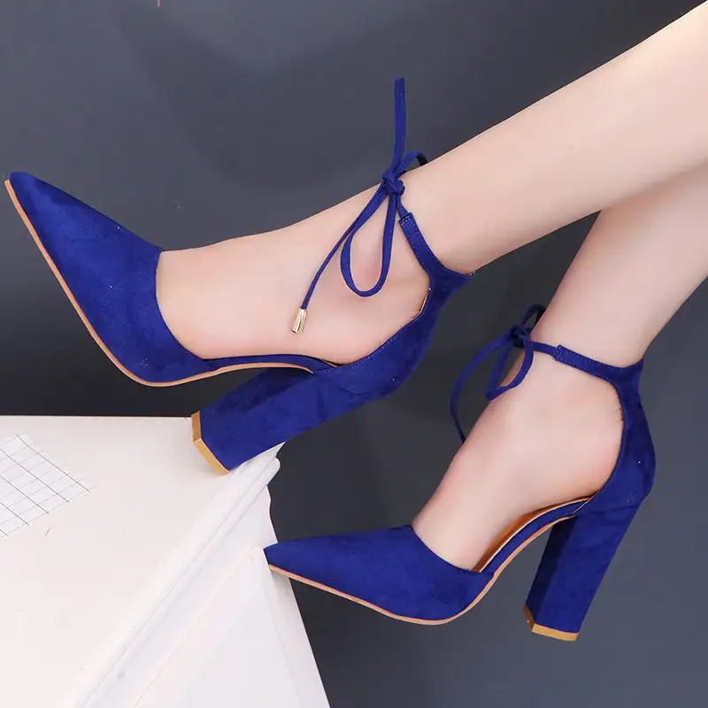 Fashion brand party Popular Large Size Thick high heels Lace-Up Pointed Toe Suede Hollow Women's sandals blue shoes and bag set