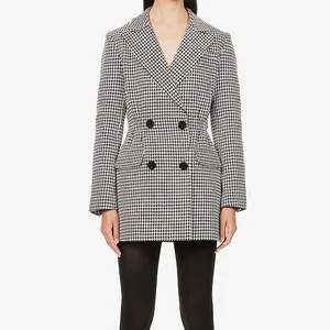 Moda özel OEM düşük fiyat gri ekose klasik ofis yeni moda sonbahar cep blazer ceket kadınlar için kış ceket