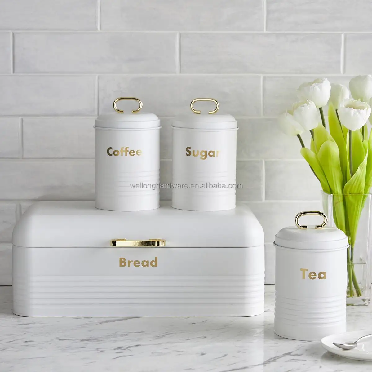 Metal Home Kitchen Bread Box Tea Sugar Coffee Jar Storage Canister Set With Lid Golden Handle Storage Container