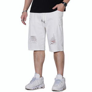 Pantaloncini in denim da <span class=keywords><strong>uomo</strong></span> bicolore lavati con elastico in vita e coulisse, strappati, casual, streetwear - Product Image 3