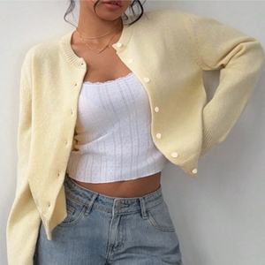 <span class=keywords><strong>Cardigan</strong></span> corto con collo a girocollo <span class=keywords><strong>giallo</strong></span> lavorato a maglia con <span class=keywords><strong>Cardigan</strong></span> corto con bottone Casual Chic per la primavera autunnale - Product Image 5