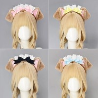 L0015 Bandeaux à oreilles de chien moelleuses pour femmes, bandeau à oreilles de chat et de chien Kawaii avec nœud en dentelle et chapeau de chef, accessoires capillaires mignons style Lolita