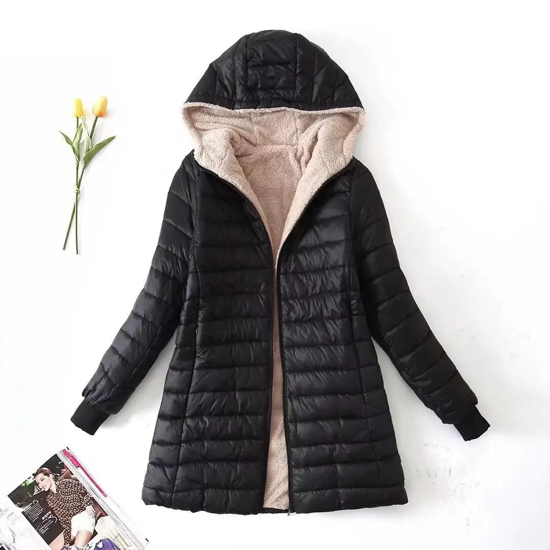 新着女性は暖かい冬のジャケットフード付き長袖薄いフリースコートスリムフィットコットンレディコートを保ちます