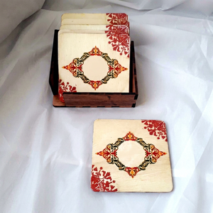 Posavasos de Madera Ecológicos de Lujo Oriental, Cuadrados, Antideslizantes, con Diseño Floral Rojo - Product Image 1