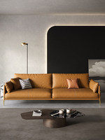 Canapé en cuir véritable haut de gamme, style italien, design moderne minimaliste, luxe léger, trois places, pieds hauts, orange, pour salon