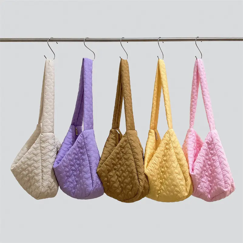 Korean Design Winter Retro Nylon Quilted Embroidery Heart Large Capacity Tote Bag Fashionable Women Causal Handbag
