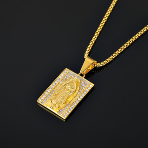 Collier avec pendentif personnalisé en acier inoxydable plaqué or 18 carats et zircon cubique, Vierge Marie, pour hommes et femmes - Product Image 2