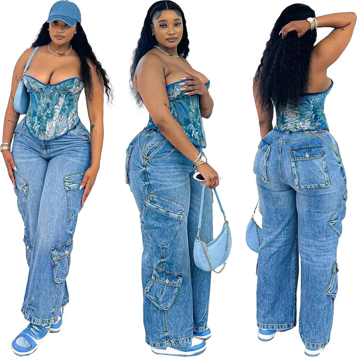 Charm Jeans Hersteller Wide Leg High Waist Jeans Baggy Cargo Denim Jeans Frauen